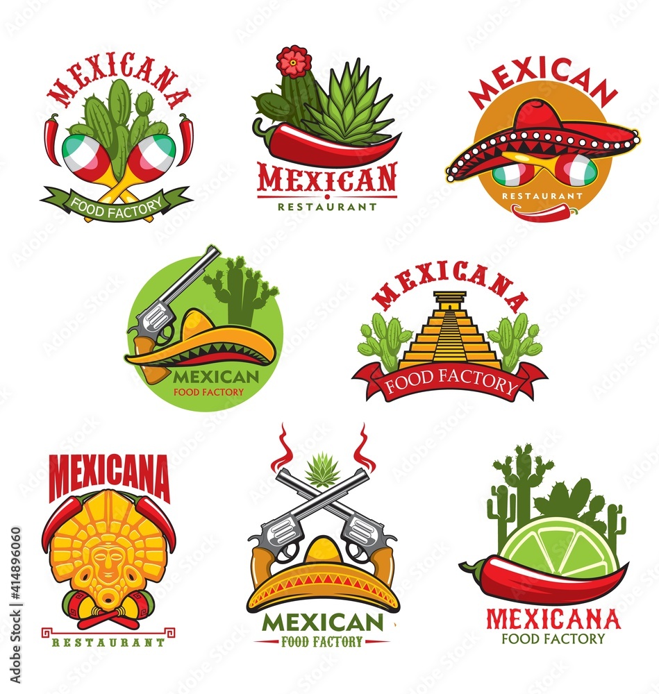 Mexican restaurant vector icons, cartoon emblems with traditional symbols of Mexico. Cacti, jalapeno chili peppers and sombrero, aztec idol and pyramis, steaming guns, lime slice and maracas signs set - obrazy, fototapety, plakaty 