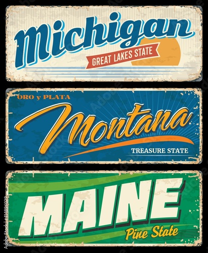 USA states travel and tourism grunge banners with vector American Michigan, Montana and Maine. Vintage signs and postcards of US state nicknames with Great Lake, treasure and pine tree letterings