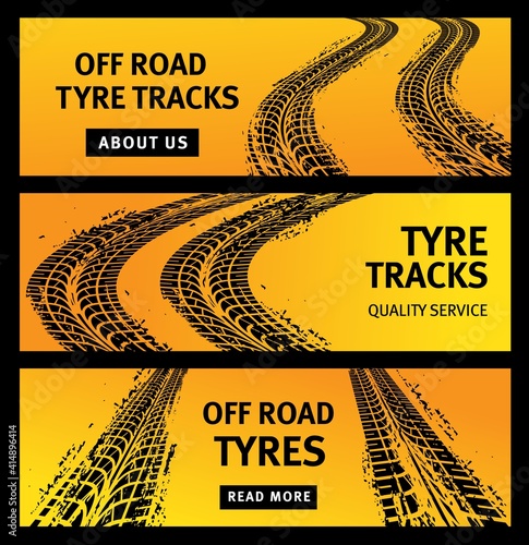 Offroad tire tracks, black car tyres prints, grunge vector off road marks. Bike race, vehicle, transportation dirty wheels trace. Rubber tires print, automobile or bicycle drag, graphic banners set
