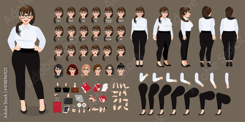 Plus size businesswoman cartoon character in white shirt creation set with various views, hairstyles, face emotions, lip sync and poses. Parts of body template for design work and animation