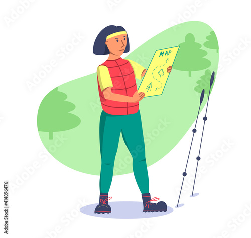 Girl is looking intently at the orienteering map on a hiking trail in the forest, dressed in large hiking boots and comfortable sportswear. Bright and color vector illustration of a healthy lifestyl