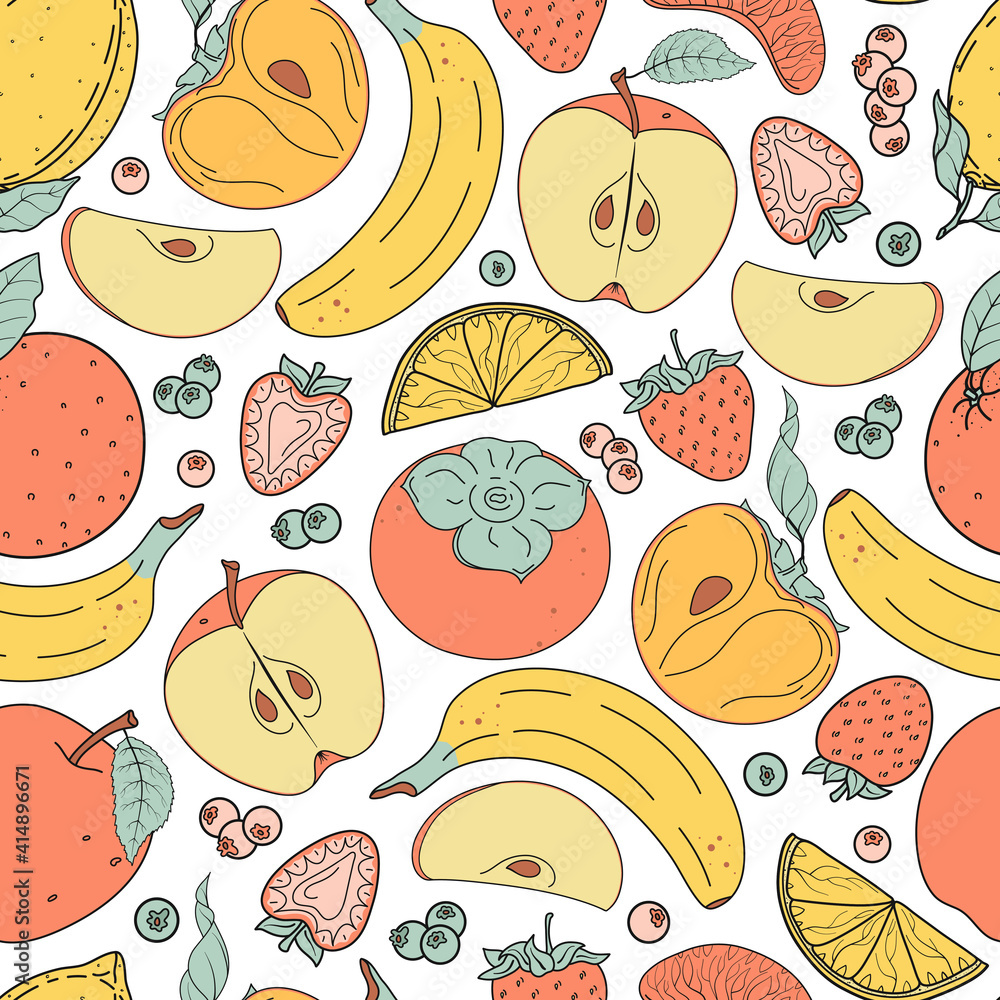Seamless vector pattern with cute hand drawn fruits and berries isolated on white background. Vintage fruity texture for wrapping paper, textile, print, fabric, wallpaper, poster, advertising, web.
