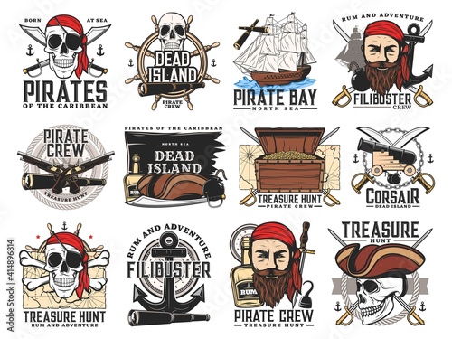 Pirates island, treasure hunt adventure and filibuster crew emblems. Pirate bearded face and skull, chest with gold, buccaneer sabers, pistols and cannon, caravel steering wheel, treasure map vector