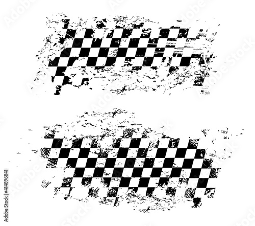 Racing flag grunge design of vector car race sport, auto rally and motocross. Checkered pattern of start and finish motorsport flag, black and white squares old texture with scratches