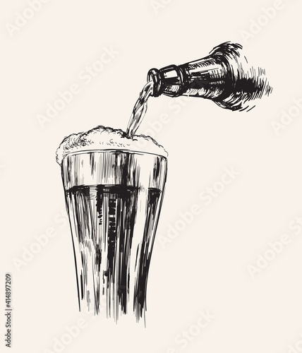 A Stream of Beer. Bottle And Glass. Hand Drawn Sketch Vector illustration.