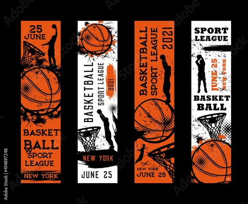 Basketball sport league vector flyers, invitation on tournament vintage grunge cards with sportsman player jumping throwing ball in hoop on arena. New York league, college game, championship cards set