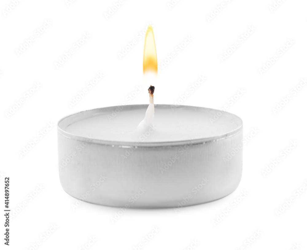 Small wax candle isolated on white. Beautiful decor Small wax candle isolated on white. Beautiful decor