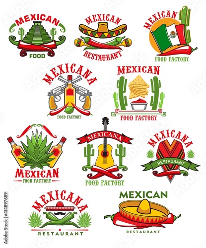 Mexican restaurant vector icons, cartoon emblems with traditional symbols of Mexico. Cacti, jalapeno chili peppers and sombrero, guitar, aztec pyramid, poncho and guns, lime, agave and maracas set
