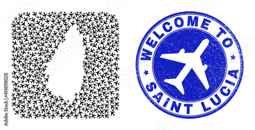 Vector mosaic Saint Lucia Island map of air shipping items and grunge Welcome seal. Mosaic geographic Saint Lucia Island map created as carved shape from rounded square shape using air trips.