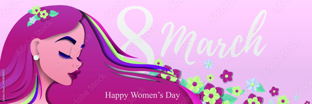 Bright banner for international women's day with a girl in flowers. Postcard in paper style with a girl and flowers. Vector illustration Bright banner for international women's day with a girl in flowers. Postcard in paper style with a girl and flowers. Vector illustration
