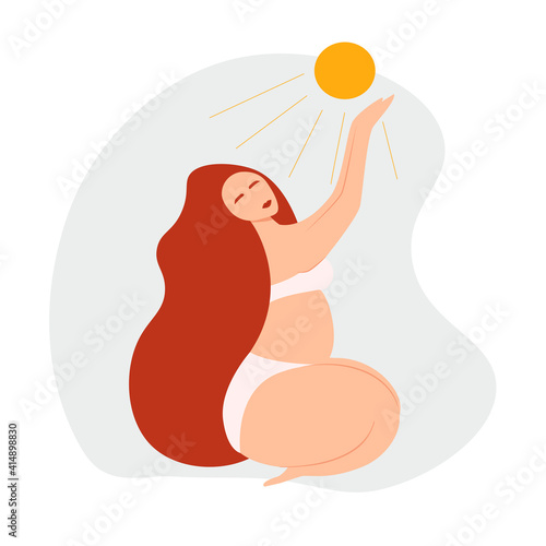 Body positive. Self-love. Love for your body. Woman with the sun. Trendy vector illustration for websites, apps and print