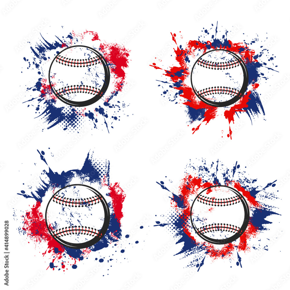 Baseball ball grunge icons of vector sport game tournament or team club  design. Pitcher baseball balls with laces on blue and red halftone  background with paint splatters, splashes and brush strokes Stock