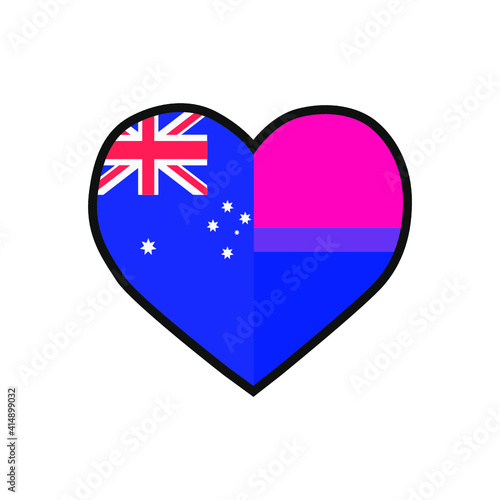 Vector illustration of the heart filled with Australian flag and the Bisexual pride flag on white background.