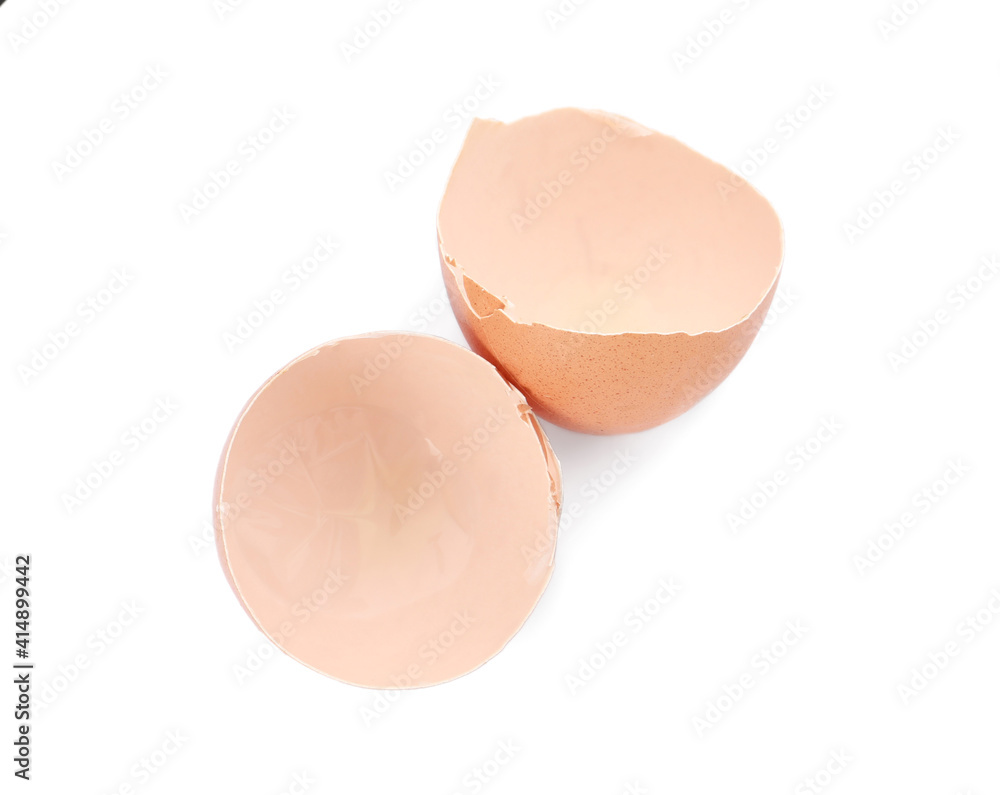 Egg shells on white background, top view. Composting of organic waste Egg shells on white background, top view. Composting of organic waste