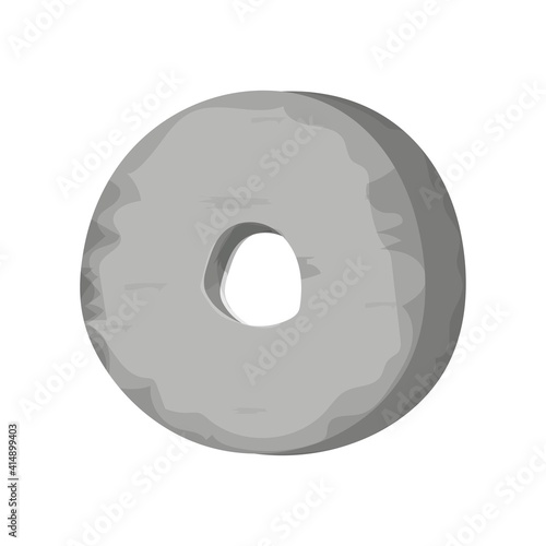 Stone wheel in cartoon style, ancient age, prehistoric technology in cartoon style isolated on white background. Primitive round object from rock, caveman tool, evolution.