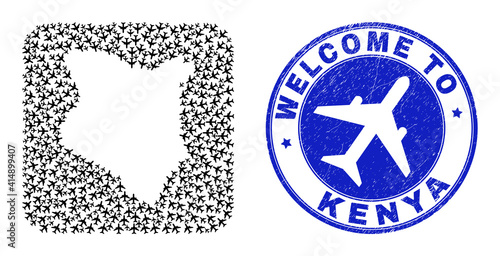 Vector collage Kenya map of airlines items and grunge Welcome seal stamp. Collage geographic Kenya map created as hole from rounded square shape with air vehicles.
