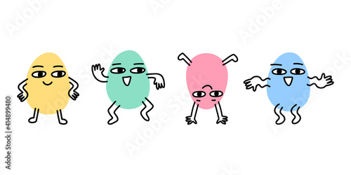 Funny cartoon characters Dancing eggs on a white background. Colorful eggs in different poses. Vector illustration for Happy Easter.