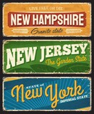 Vintage banners New Hampshire, New Jersey and New York american states, vector sign for travel destination, retro grunge boards, antique worn signboards with typography, touristic landmark plaques set