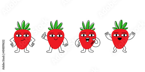 Cartoon strawberry in different poses with funny face. Colorful vector illustration isoleted on a white background.