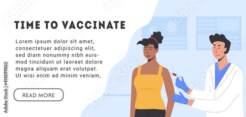 African woman taking Vaccine. Young doctor with syringe and injection. Covid-19 Coronavirus Adult Vaccination Calendar Concept. Banner or poster with caption Time To Vaccinate. Vector illustration.