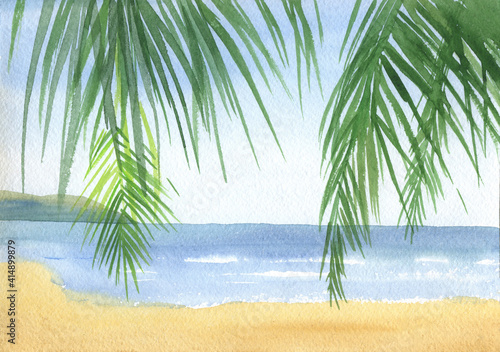 Tropical beach with palm trees. Watercolor painting. Tropical landscape. Sand and sea.  Stock illustration.