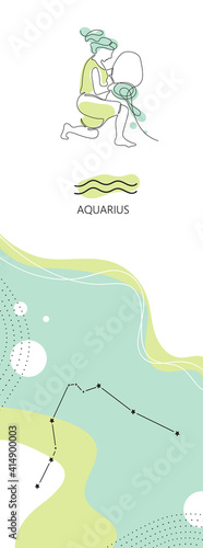 Zodiac background. Aquarius constellation. The element of water. One line.