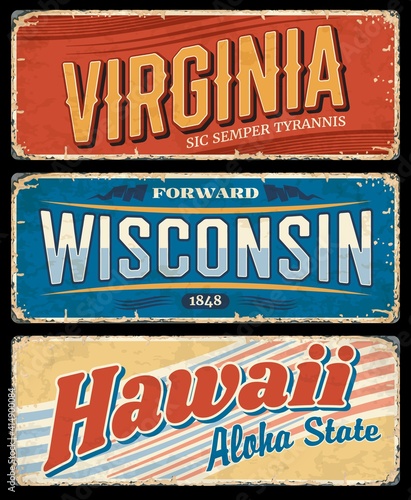USA state grunge vector signs of Hawaii, Virginia and Wisconsin, American travel or tourism design. Vintage plates and retro postcards with Aloha, Sic Semper Tyrannis and Forward state letterings