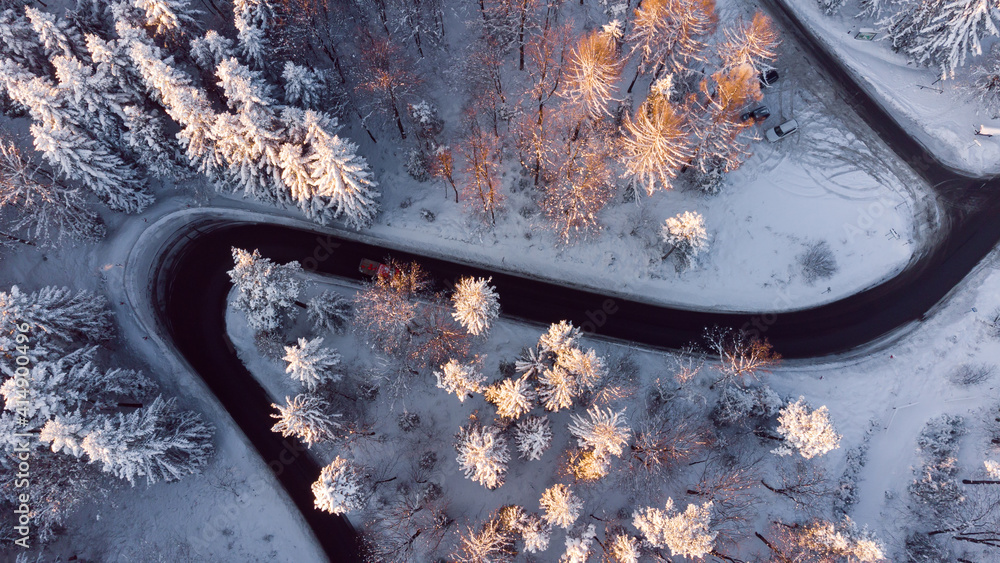 Road from a drone, winter scenery, coniferous forests covered with snow