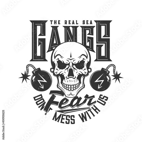 Skull, pirate t-shirt print, skeleton and bombs vector icon. Sea gang Caribbean pirate vintage dead jolly Roger tattoo, black scary dead skull grim with cannon TNT bombs, Dont Mess with US quote