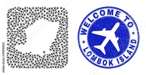 Vector mosaic Lombok Island map of air vehicle items and grunge Welcome badge. Mosaic geographic Lombok Island map constructed as subtraction from rounded square with air shippings.