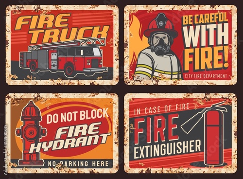 Fire safety warning sign, rusty metal plate with fire truck, firefighter in uniform, helmet and breathing apparatus or gas mask, hydrant and extinguisher vector. Fire danger, parking ban retro banners