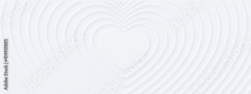 3d white rippled hearts with soft shadow on light BG from center. Abstract elegant seamless pattern. Neumorphism ui style. Minimal embossed paper wallpaper. Horizontal background for romantic banner
