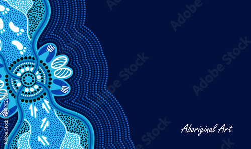 Blue poster template with aboriginal art