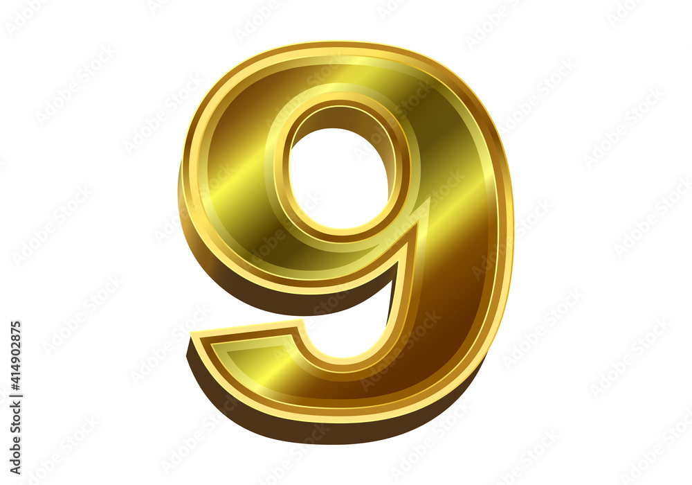 3d golden number 9 isolated on white background 3d golden number 9 isolated on white background