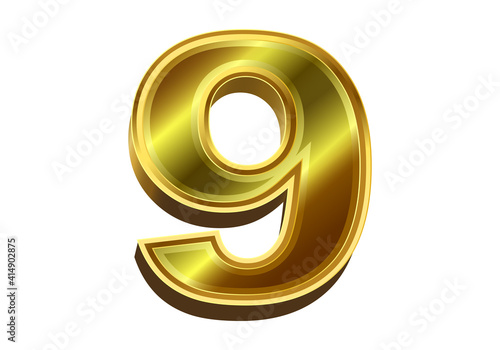 3d golden number 9 isolated on white background