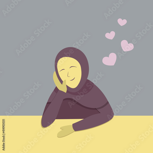 Cartoon dreaming arabic muslim beautiful woman in hijab and fashion abaya from UAE or Saudi Arabia dreaming sitting at the table. Peaceful people vector illustration character