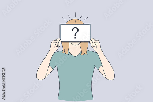 Self identity, Anonymity, uncertainty concept. Unrecognisable woman standing with invisible face and question mark instead of head like mask vector illustration