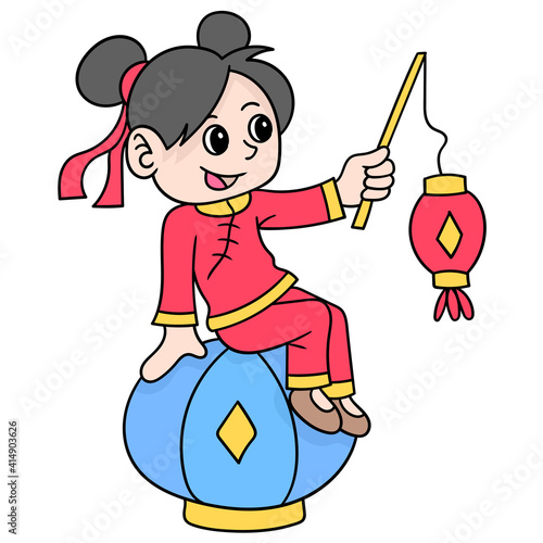 Chinese woman sits carrying lanterns celebrating Chinese New Year, doodle icon image kawaii