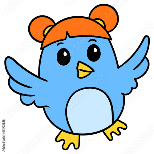 cute little bird with flying bangs, doodle icon image kawaii