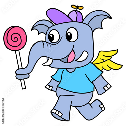 elephant carrying lollipop walking cheerfully, doodle icon image kawaii