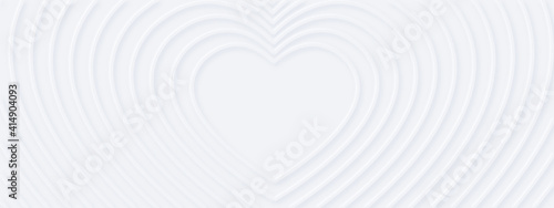  3d white rippled hearts with soft shadow on light BG from center. Abstract elegant seamless pattern. Neumorphism ui style. Minimal embossed paper wallpaper. Horizontal background for romantic banner
