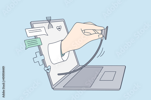 Telehealth, Online doctor, Virtual healthcare concept. Hand of doctor medical worker with stethoscope examining remote patient from laptop screen making online consultation illustration