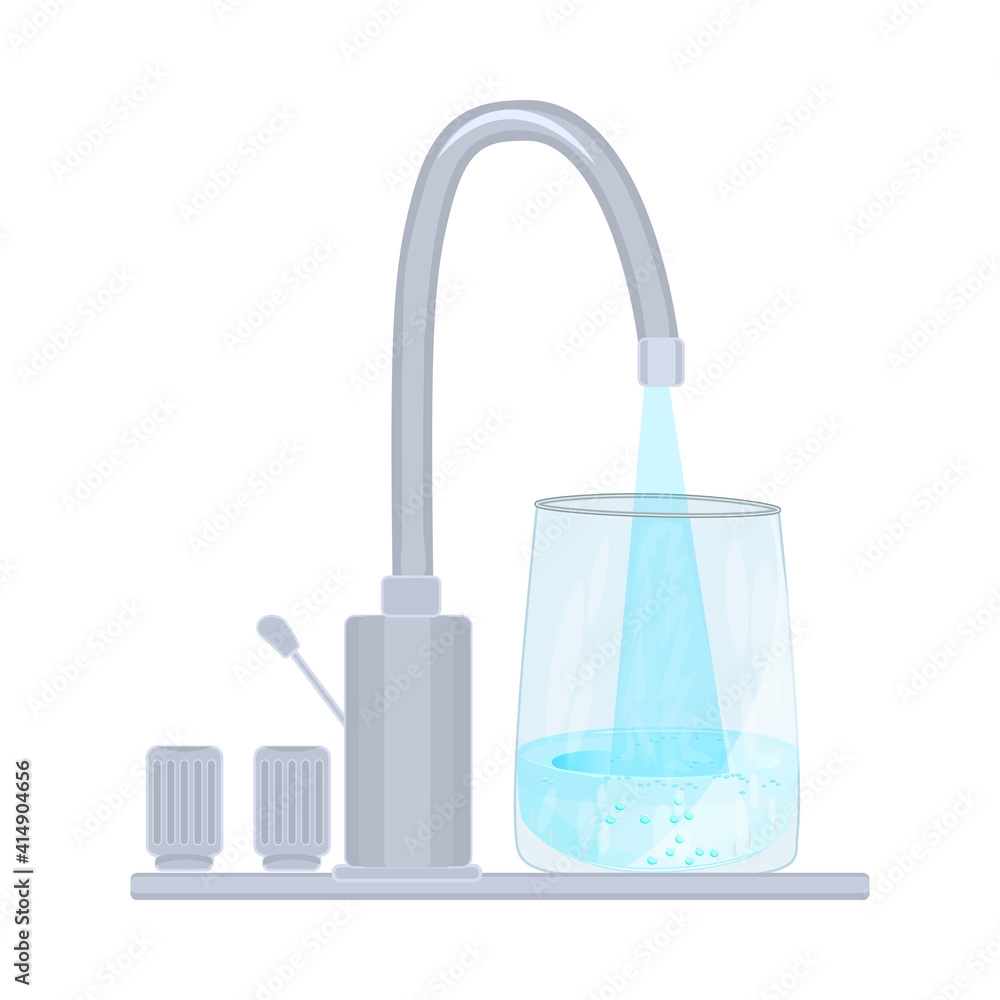 Faucet with glass isolated on white background. Faucet water filter. Tap with flow of water to glass of beverage. Kitchen faucet. Glass of clean water. Save water save the world. Vector illustration Faucet with glass isolated on white background. Faucet water filter. Tap with flow of water to glass of beverage. Kitchen faucet. Glass of clean water. Save water save the world. Vector illustration