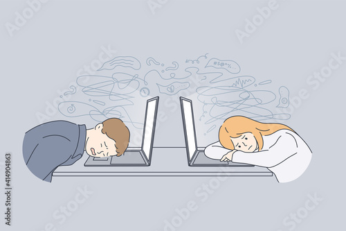 Stress, tiredness, burnout concept. Overworked exhausted office workers lying on laptops feeling tired and burnt out in office at work vector illustration
