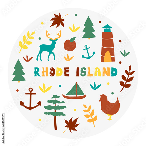USA collection. Vector illustration of Rhode Island theme. State Symbols - round shape