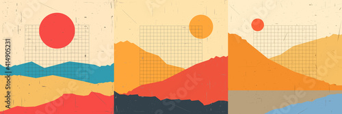 Vector vintage illustration landscape. Mountain peaks, desert hills. Line grid pattern. Sunshine scene background. Retro polygonal style. Design for social media banner, blog post, backdrop for text