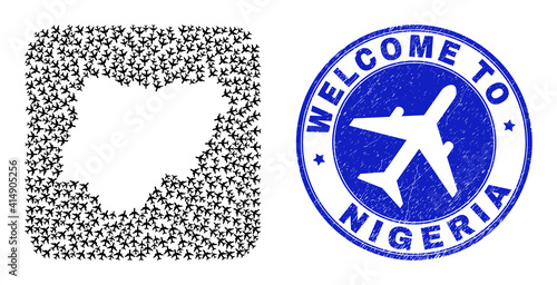 Vector mosaic Nigeria map of airflight elements and grunge Welcome badge. Mosaic geographic Nigeria map created as hole from rounded square shape with air planes.