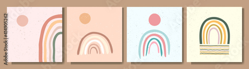 Vector illustration. Rainbow vintage abstraction. Childish style. 50s, 60s retro graphic. Sun and sky. Pastel colors. Colorful design elements for social media template, blog post, square banner.