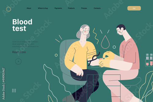 Medical tests illustration - blood test - modern flat vector concept digital illustration of blood test procedure - a patient and doctor with a syringe and test tubes, the medical office or laboratory