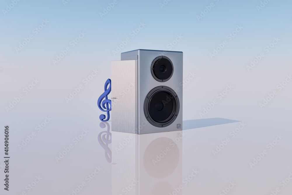 3D render of a white speaker with a door emitting musical notes 3D render of a white speaker with a door emitting musical notes